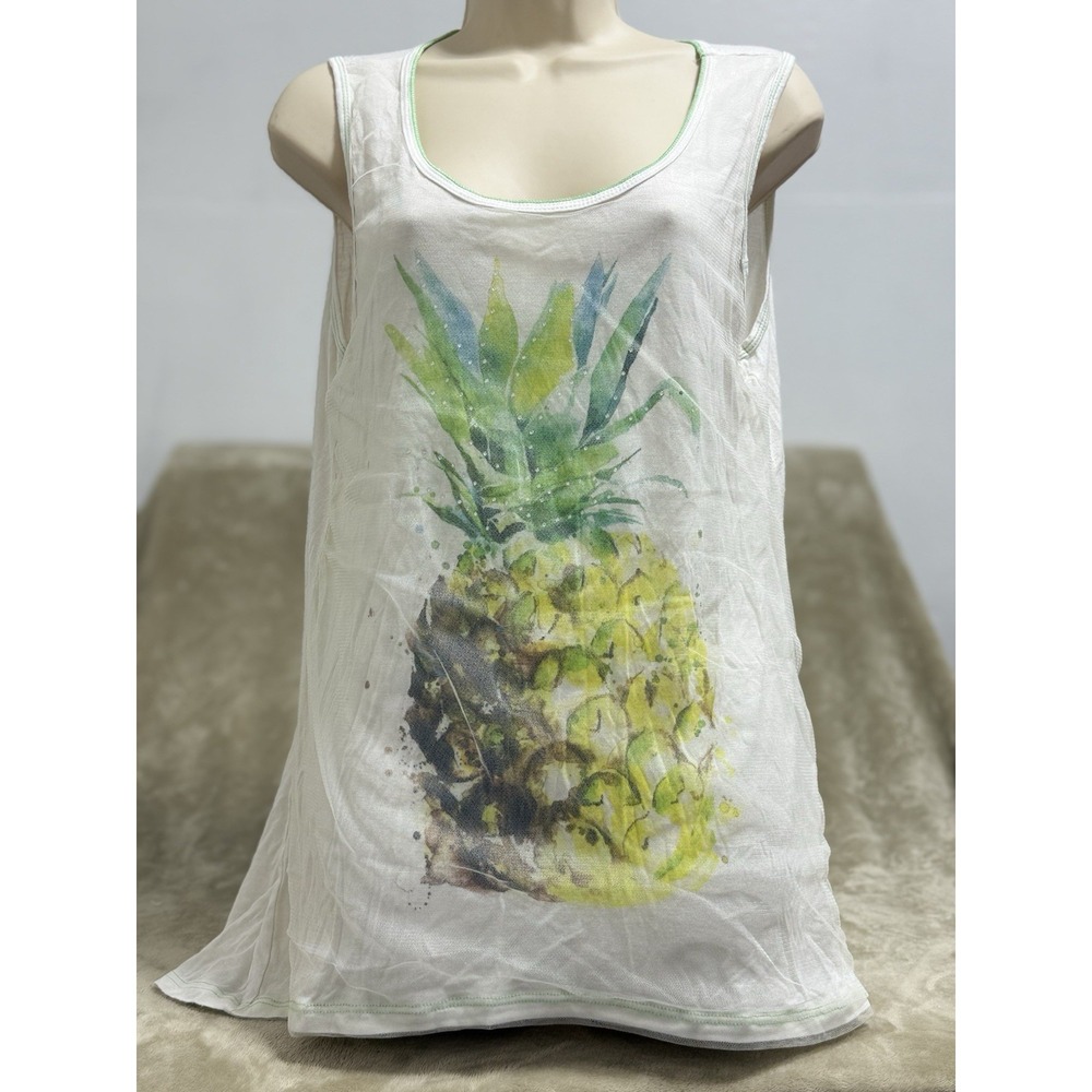 VANILLA SUGAR Women's L White Lime Green Pineapple Rhinestones Mesh Tank Summer